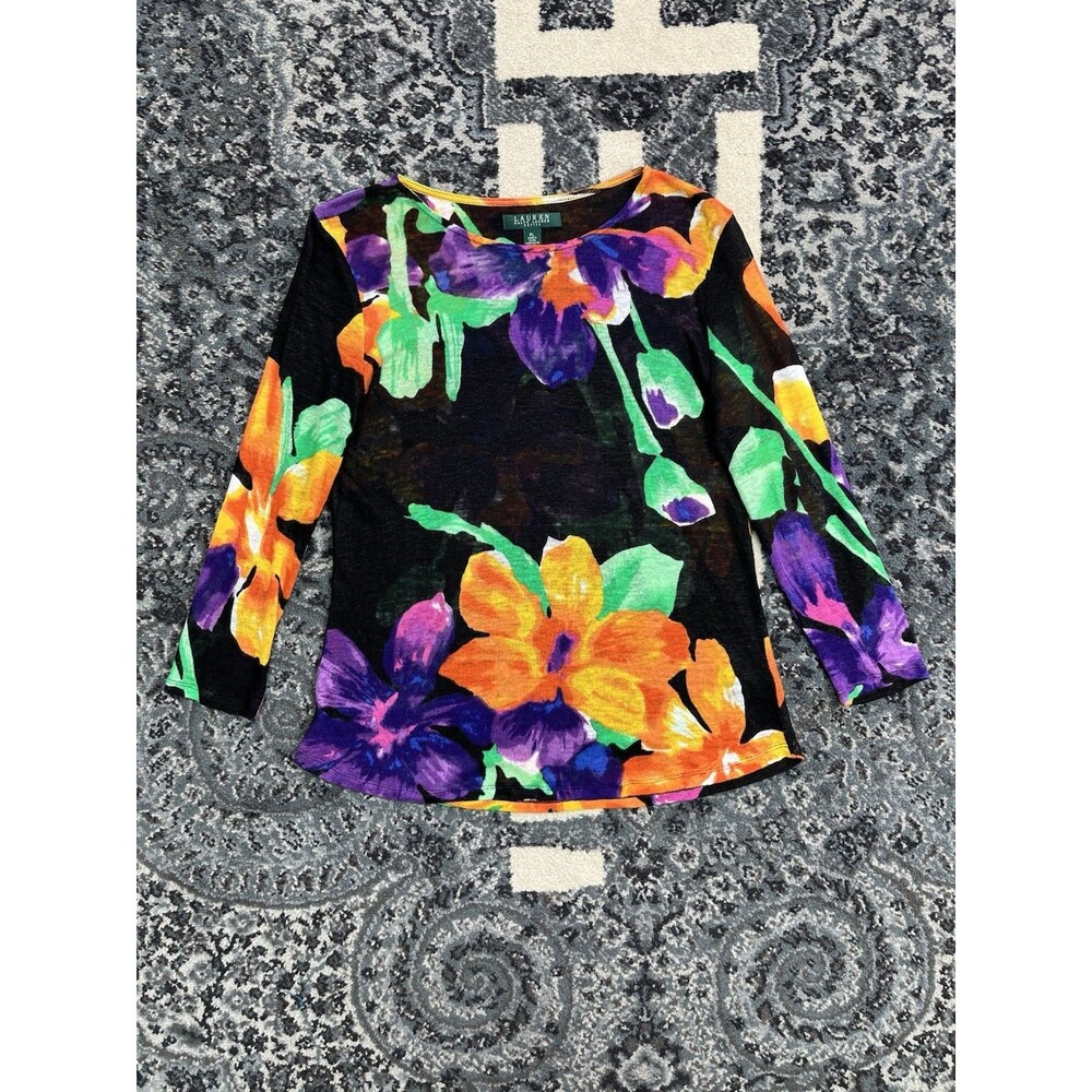 Lauren Ralph Lauren Linen Petite Top Women Size PL 3/4 Sleeve Black Floral Knit
